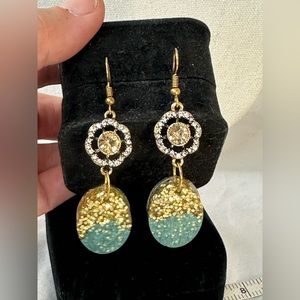 Unique sparkly dangle earrings rhinestone and gold glitter bead